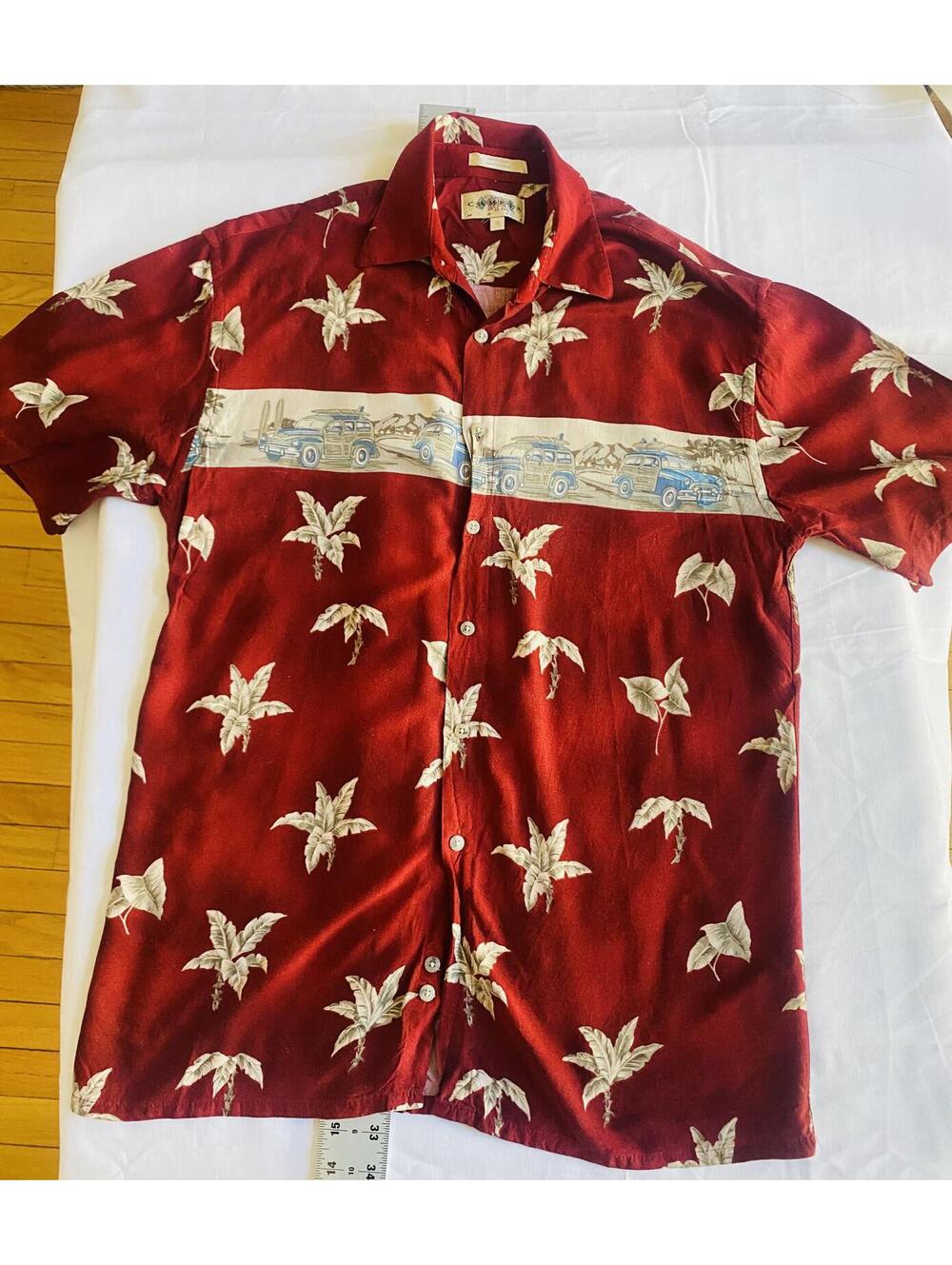 Campia Moda Red Palm Car Print Rayon Hawaiian Shirt Medium